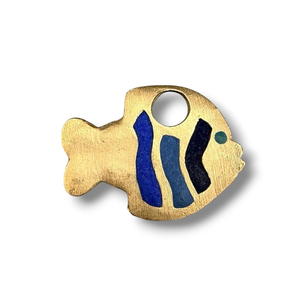 RARE Vintage Jewelry Agatha Paris Enamel Gold Tone Fish Pendant / Charm Blue